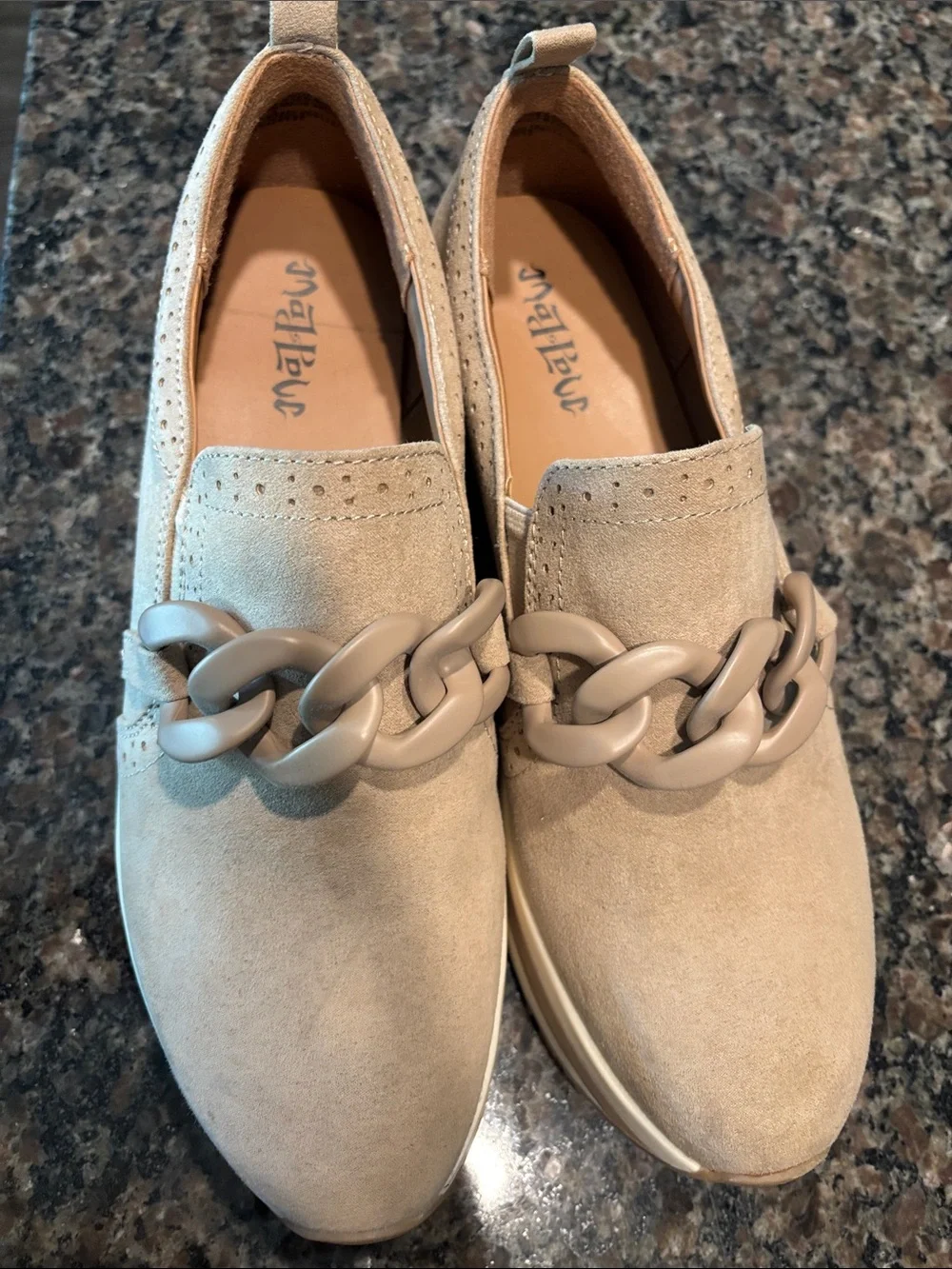 Women’s Slip-On Suede Loafers with Chain Detail — Light Beige